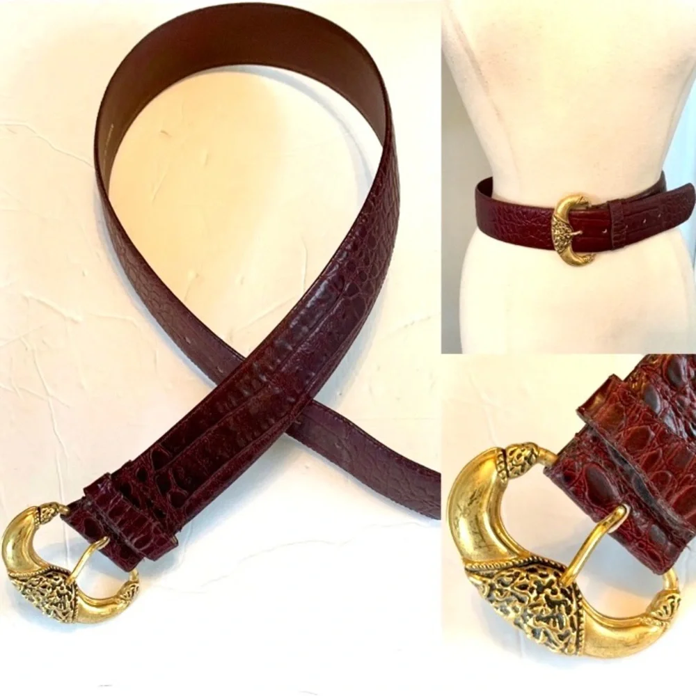 Vintage Milor Faux Alligator belt Gold Art Nouveau Modernist Buckle Brutalist